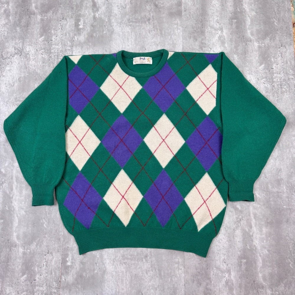 Vintage Pringle Scotland Sweater Mens Large Green Geometric Grandpa Golf Wool